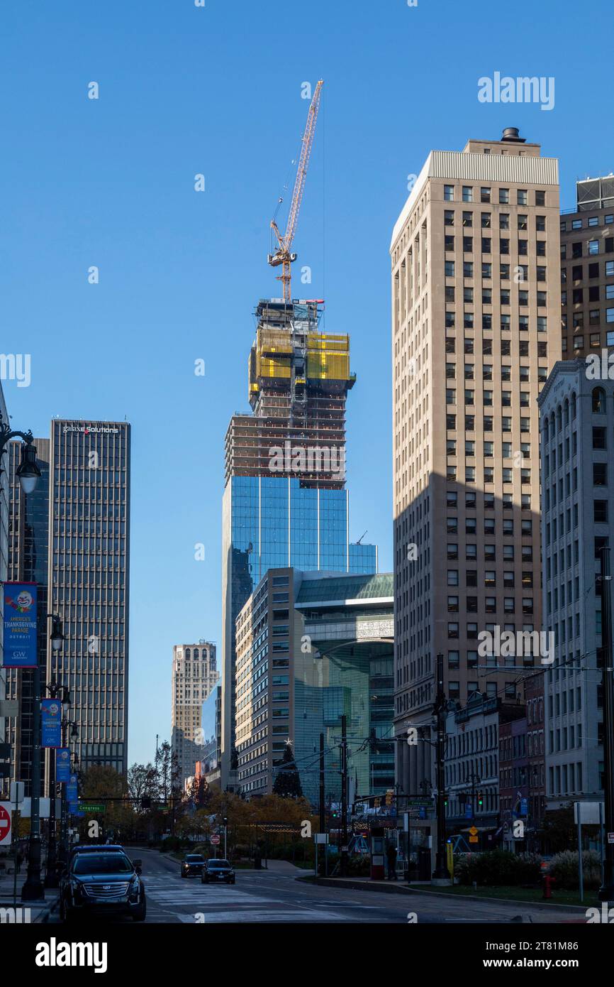 Detroit, Michigan - Construction d'un gratte-ciel qui sera l'un des plus hauts bâtiments du Michigan. Le bâtiment, sur le site de l'ancien Hudson Banque D'Images