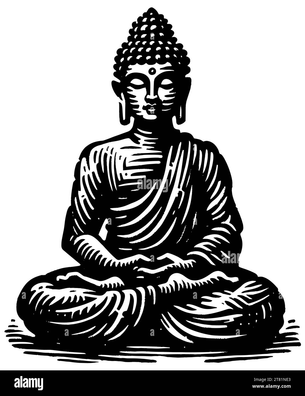 Figure de Bouddha méditant en position lotus, gravure sur bois sereine noir et blanc. Illustration de Vecteur