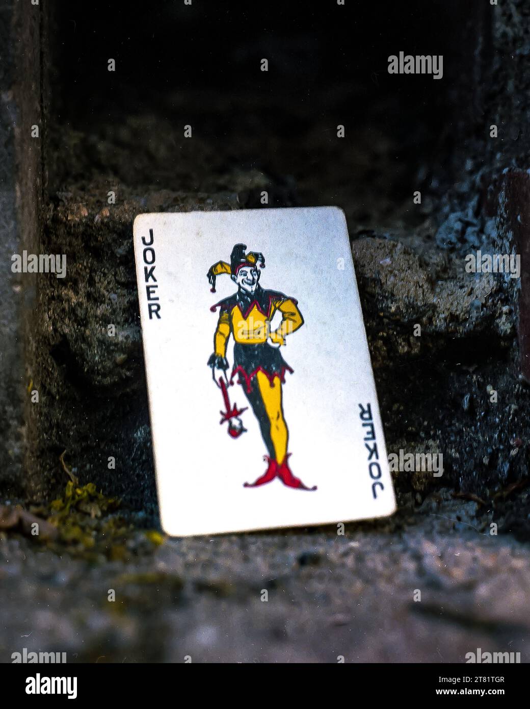 Carte à jouer colorée, fond grungiest Joker onrush. Banque D'Images