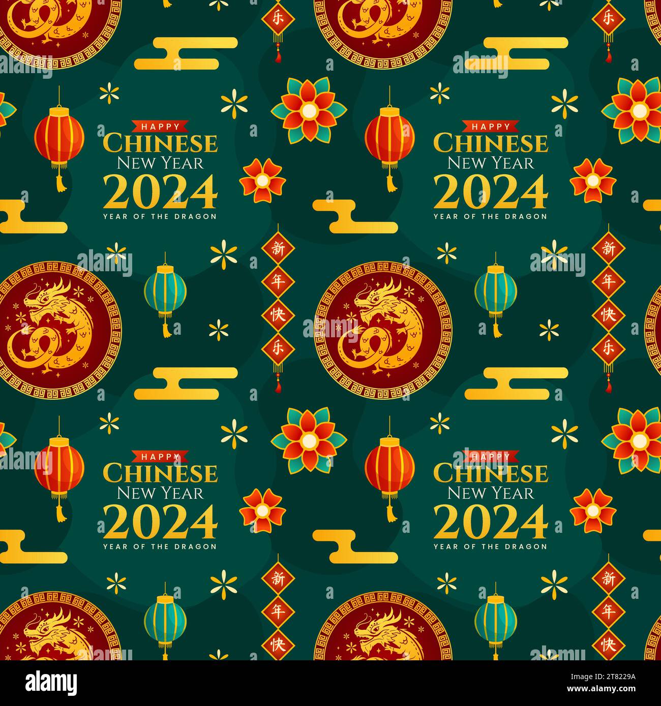 Joyeux nouvel an chinois 2024 Seamless Pattern Design. Traduction : année du Dragon. Avec Lantern, Dragons et éléments de Chine dans l'illustration plate Illustration de Vecteur