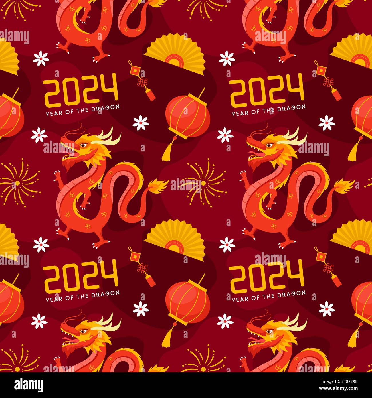 Joyeux nouvel an chinois 2024 Seamless Pattern Design. Traduction : année du Dragon. Avec Lantern, Dragons et éléments de Chine dans l'illustration plate Illustration de Vecteur