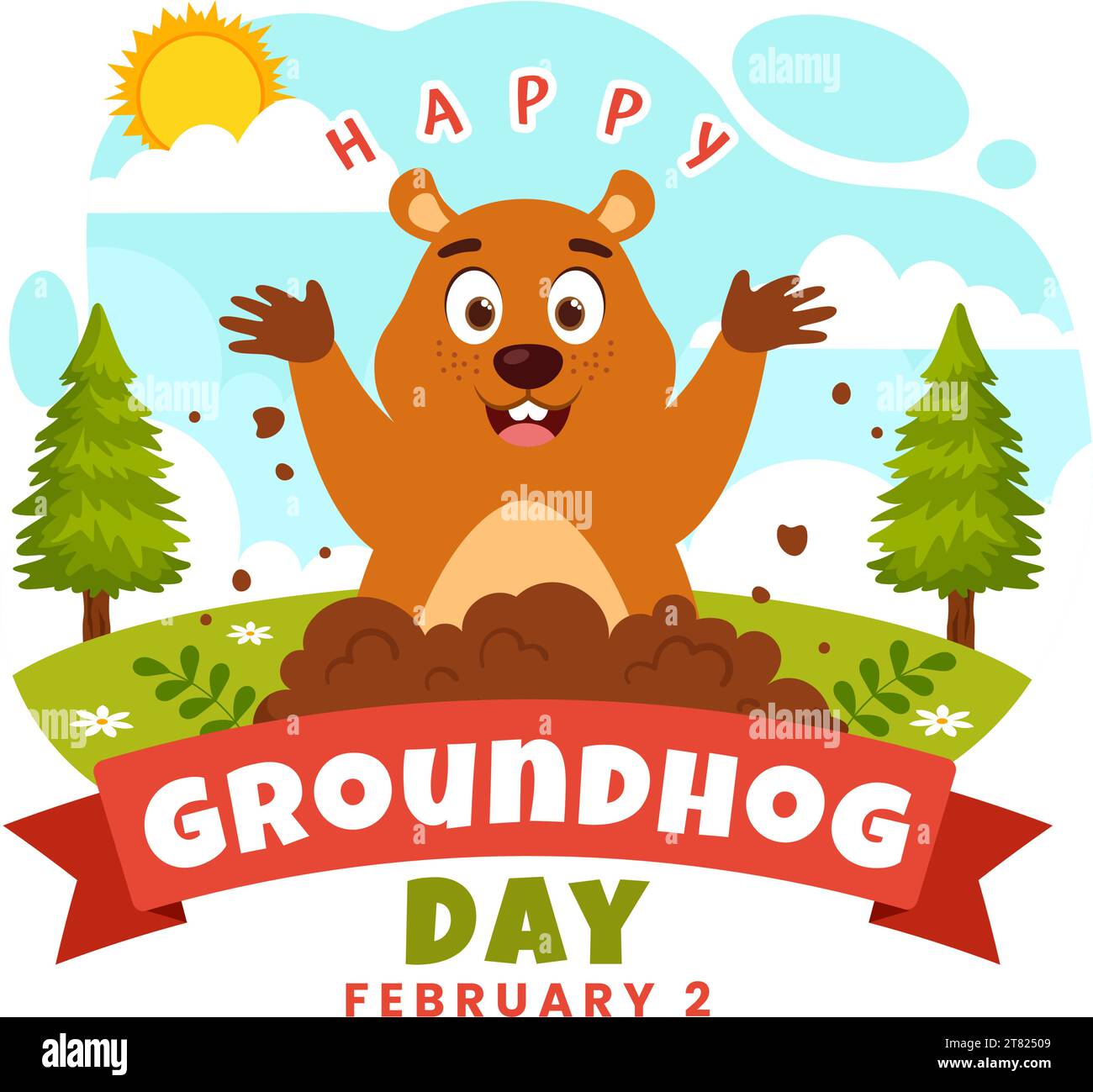 Happy Groundhog Day Illustration vectorielle le 2 février avec un animal Groundhog a émergé de la terre du trou et du jardin dans la conception de dessin animé en arrière-plan Illustration de Vecteur
