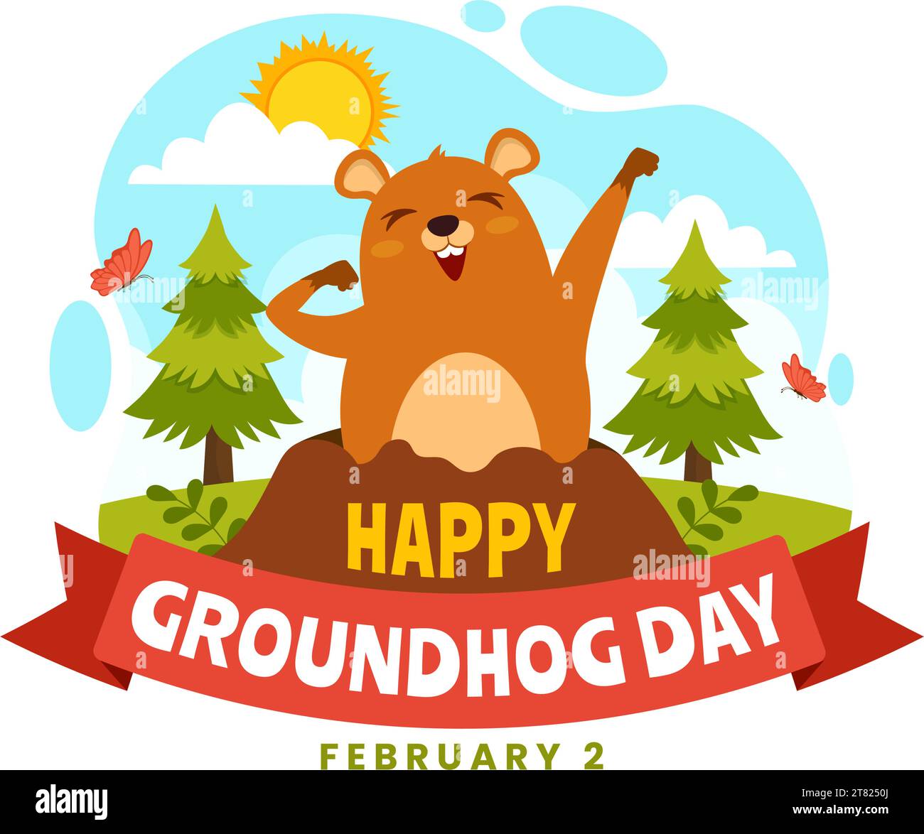 Happy Groundhog Day Illustration vectorielle le 2 février avec un animal Groundhog a émergé de la terre du trou et du jardin dans la conception de dessin animé en arrière-plan Illustration de Vecteur