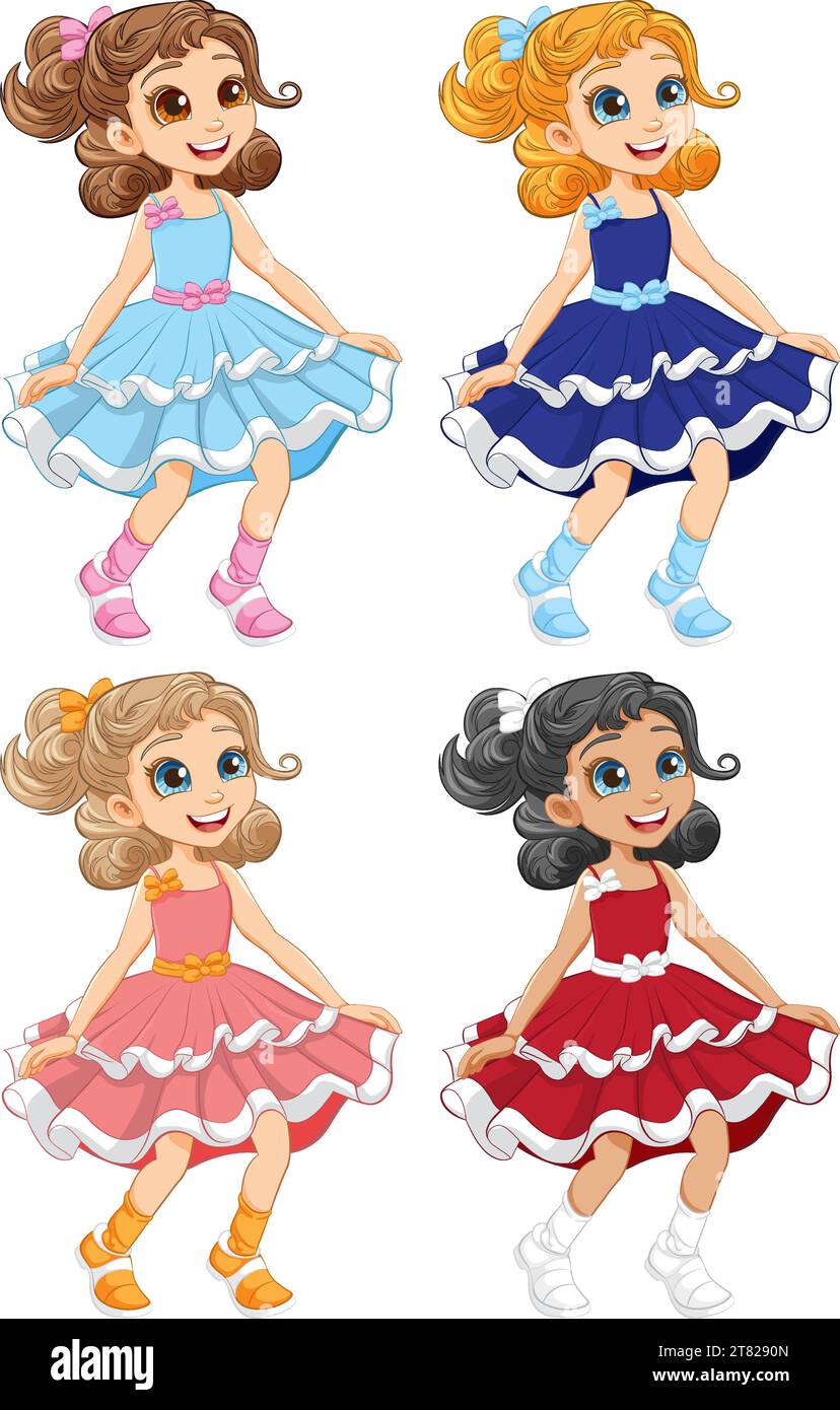 Personnages de dessin animé vectoriel de quatre filles dansant joyeusement dans diverses tenues Illustration de Vecteur