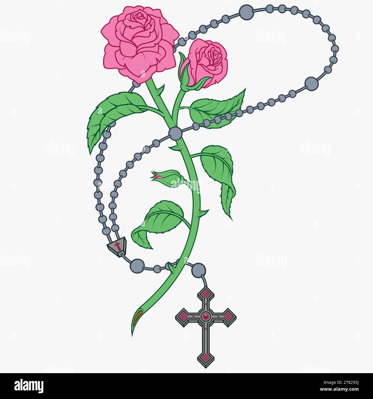 Chapelet catholique de conception vectorielle avec des roses et des pétales, symbole de la religion catholique Illustration de Vecteur