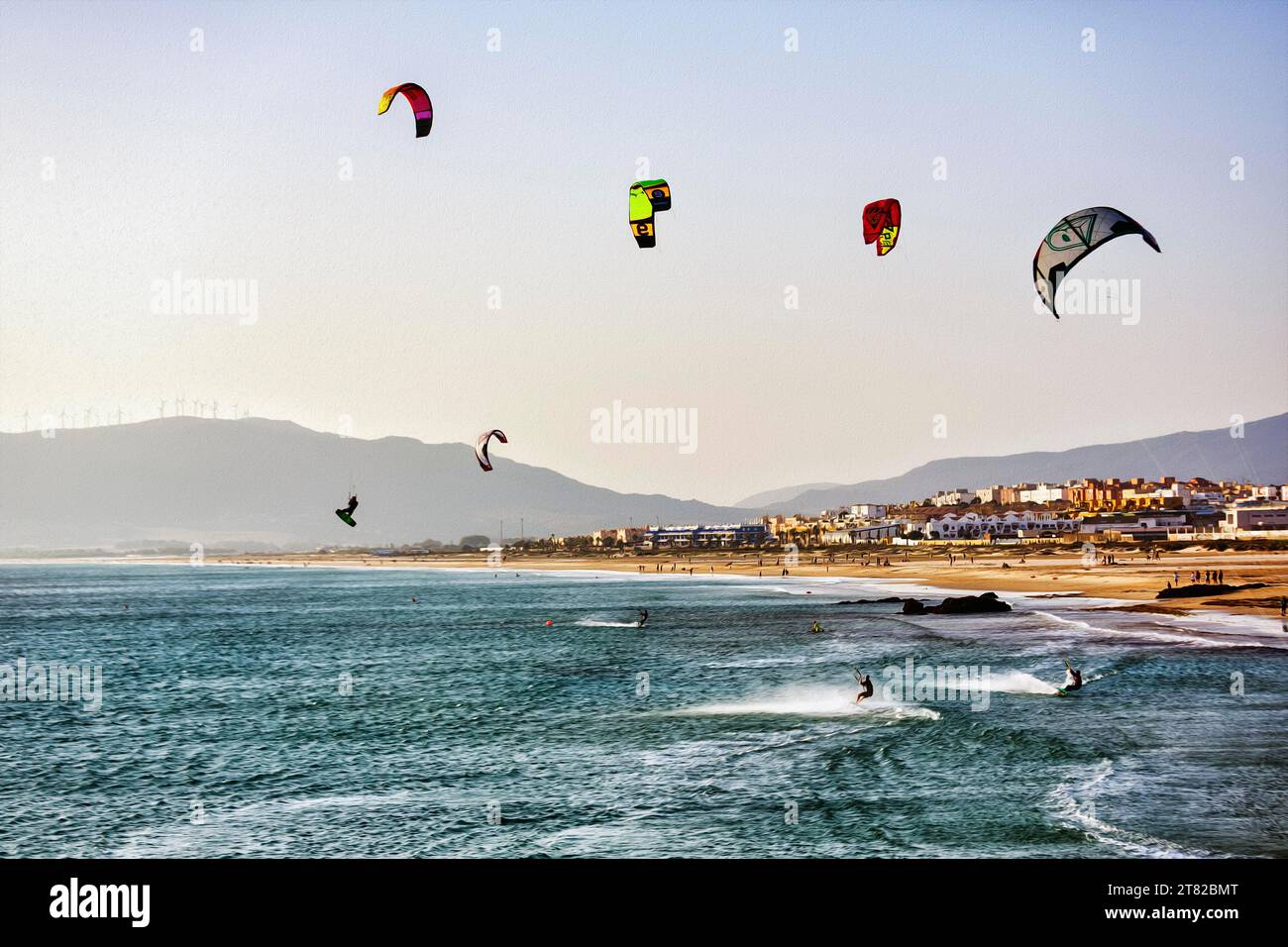 Kitesurfer profitant du vent, littoral, illustration, Tarifa, Playa de Los lances, détroit de Gibraltar, Costa de la Luz, Andalousie, Espagne Banque D'Images