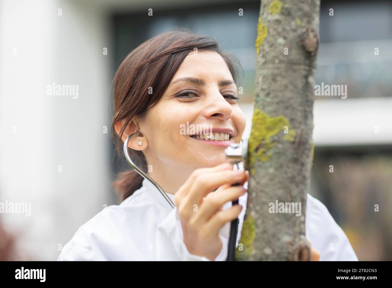 Médecin examine l'état de l'arbre avec un stéthoscope protection de l'environnement Banque D'Images