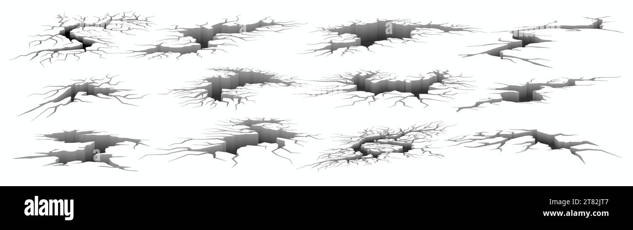 Fissures de terre. Dégâts réalistes au sol par tremblement de terre. Trous 3D et fissures dans le béton, mur fracturé détruit. Jeu de modèles d'effets de surface cassés. I. Illustration de Vecteur