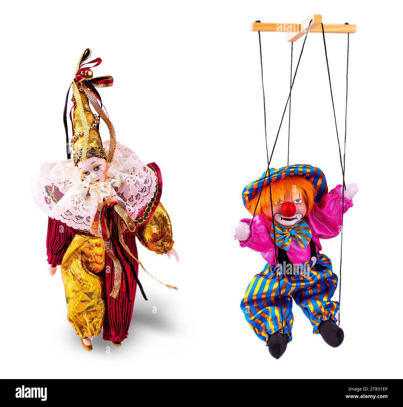 L'ensemble de poupées de clown triste en porcelaine isolé sur fond blanc Banque D'Images