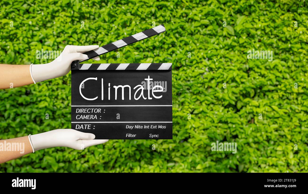 Mains tenant l'ardoise de film ou le panneau de clapper de film sur la nature-vert de plante.concept de changement climatique. Banque D'Images