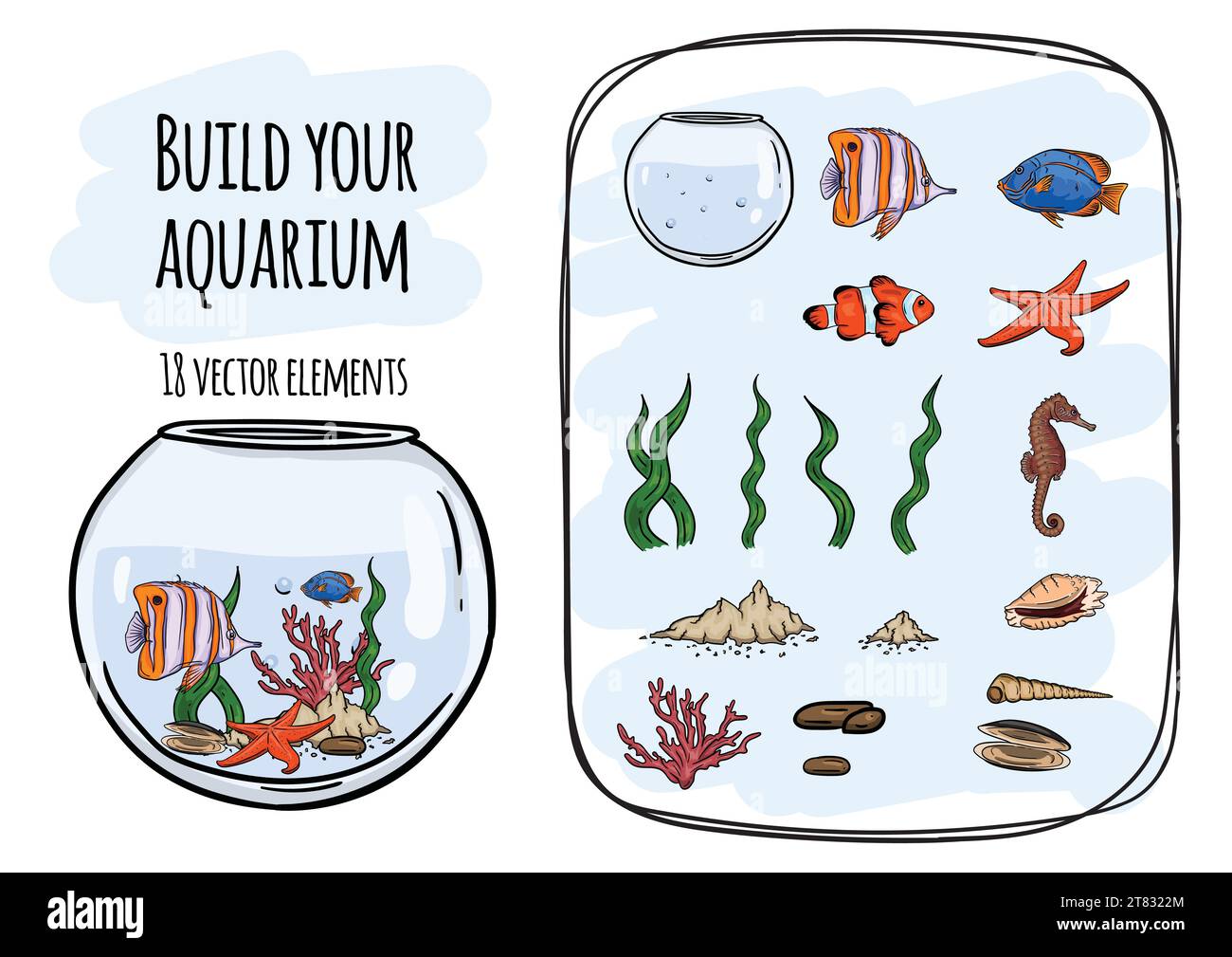 Monde sous-marin. Ensemble vectoriel de poissons et d'éléments marins pour créer des jeux pour enfants, des illustrations et des conceptions. Illustration de Vecteur