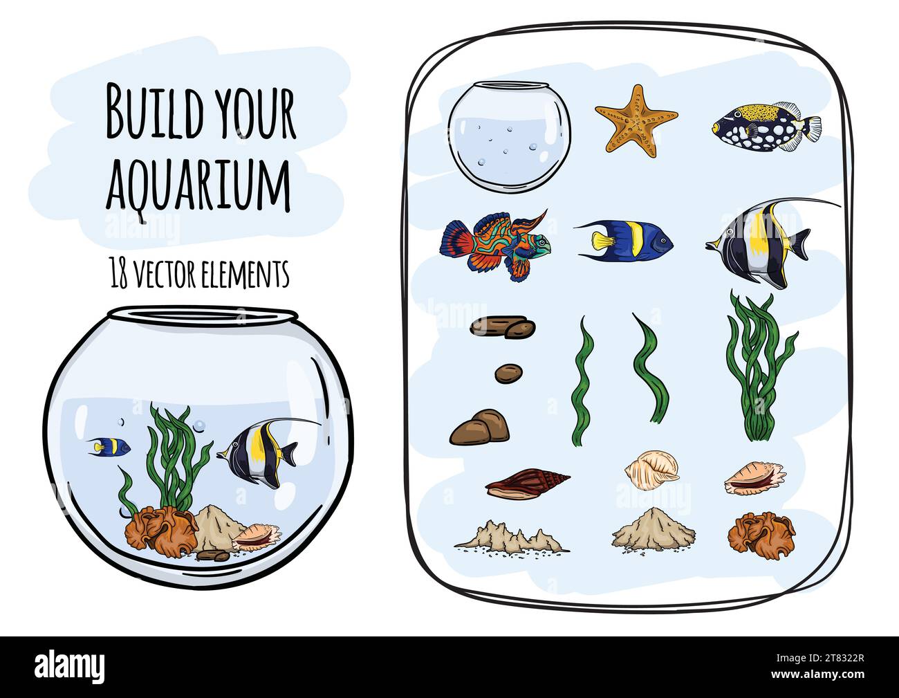 Monde sous-marin. Ensemble vectoriel de poissons et d'éléments marins pour créer des jeux pour enfants, des illustrations et des conceptions. Illustration de Vecteur
