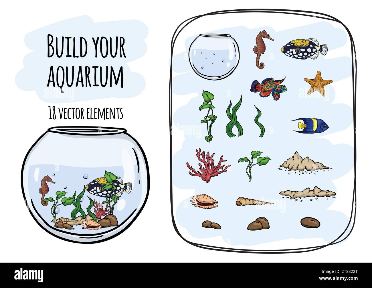 Monde sous-marin. Ensemble vectoriel de poissons et d'éléments marins pour créer des jeux pour enfants, des illustrations et des conceptions. Illustration de Vecteur