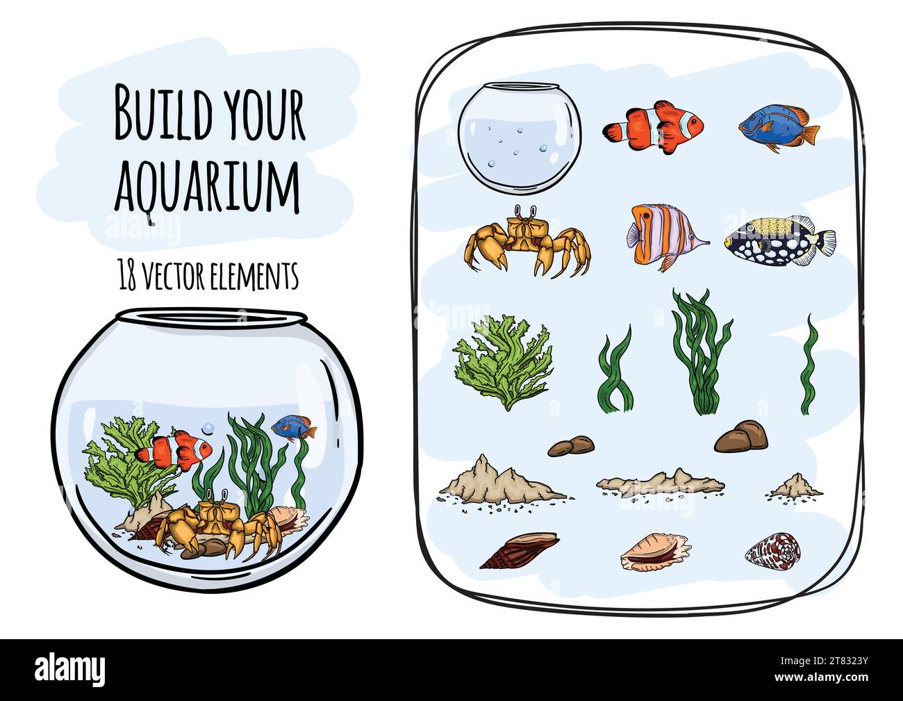 Monde sous-marin. Ensemble vectoriel de poissons et d'éléments marins pour créer des jeux pour enfants, des illustrations et des conceptions. Illustration de Vecteur