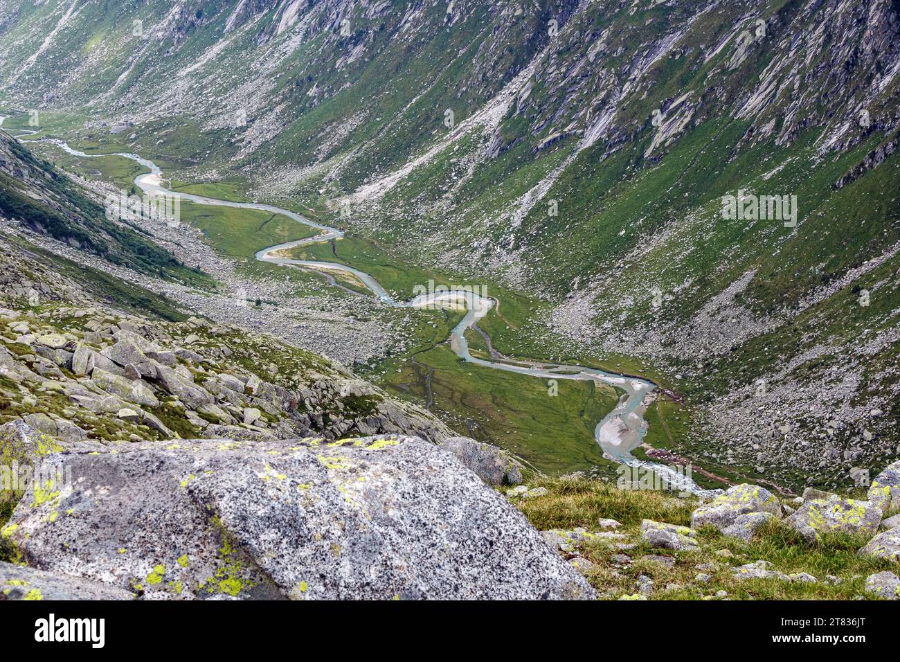 La haute vallée de l'Adamè. Torrent alpin Poia au fond de la vallée glaciaire. Adamello Park. Alpes italiennes. Europe. Banque D'Images