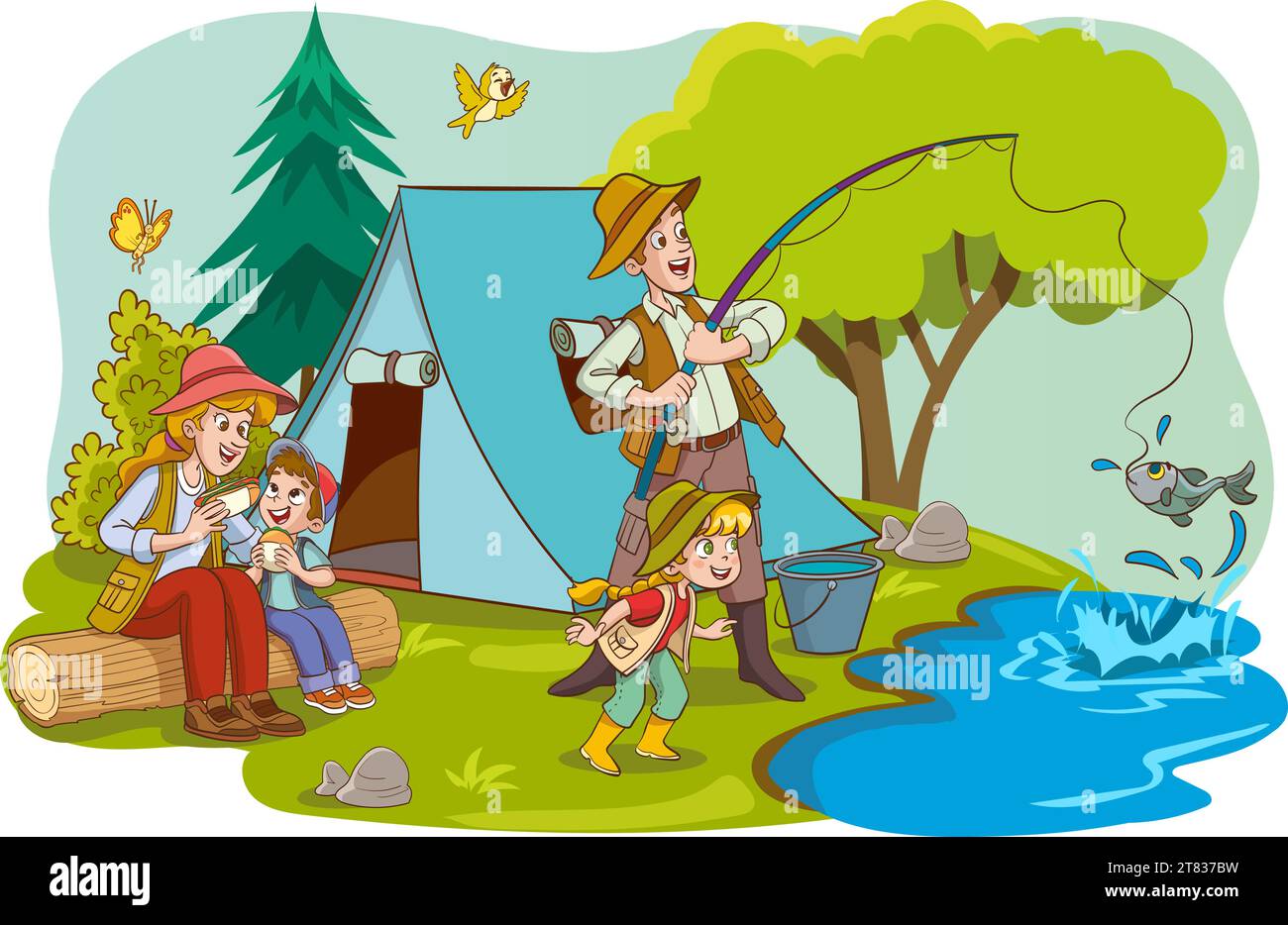 illustration vectorielle de camping familial et de pêche Illustration de Vecteur