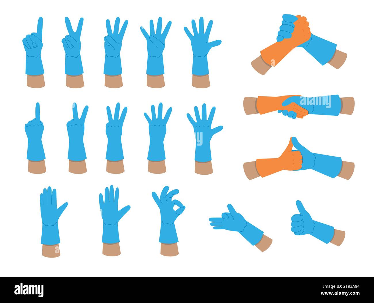 Illustration des mains dans des gants en caoutchouc isolés sur un fond blanc. Graphiques vectoriels de gestes et de signes. Illustration de Vecteur