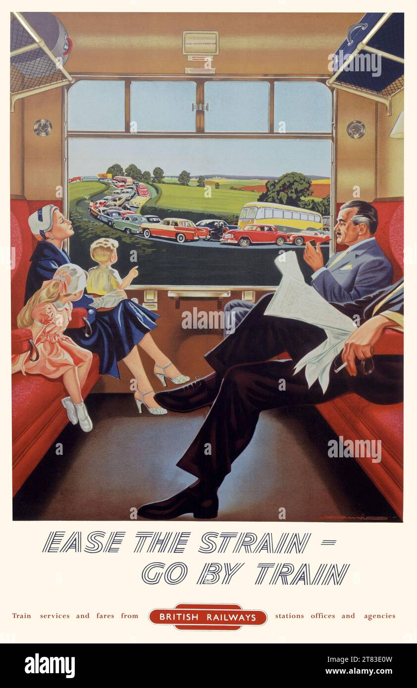 Une affiche de voyage vintage British Railways annonçant le voyage en train « soulager la tension, aller en train ». Il s'agit d'une image vintage et peut avoir quelques imperfections, patine etc Banque D'Images