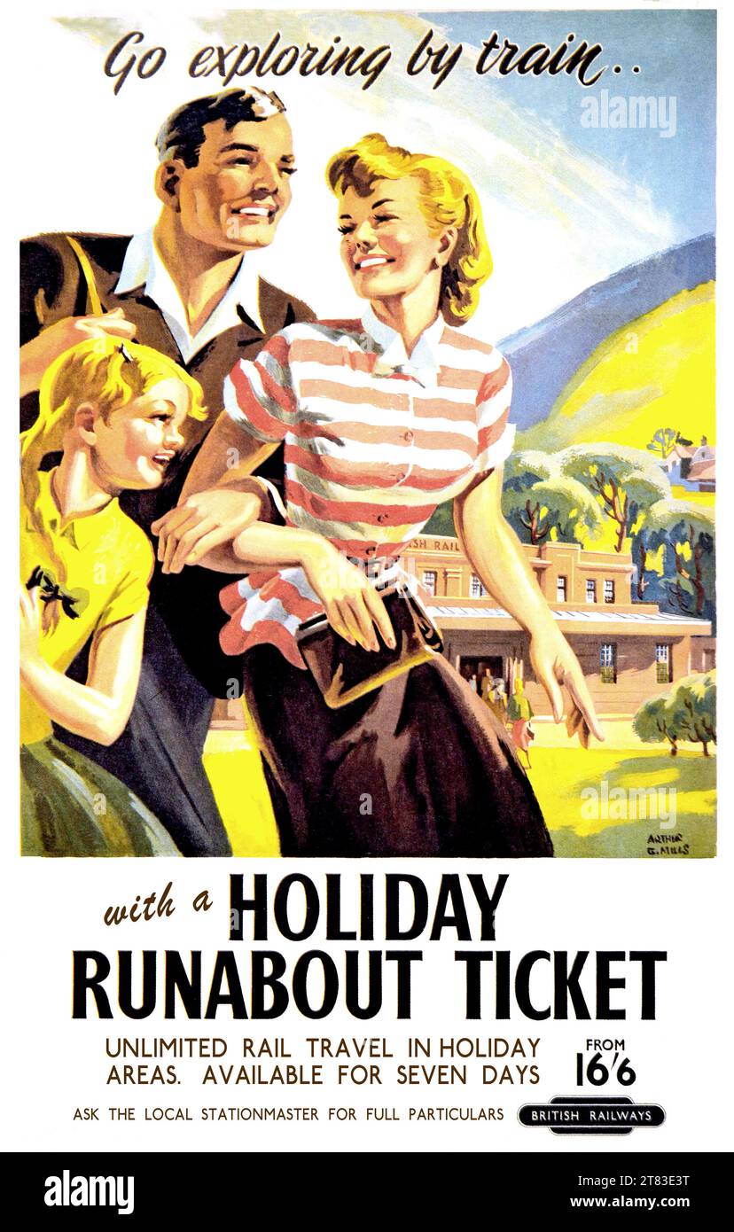 Une affiche de voyage vintage British Railways annonçant des billets de voyage runabout de vacances Banque D'Images