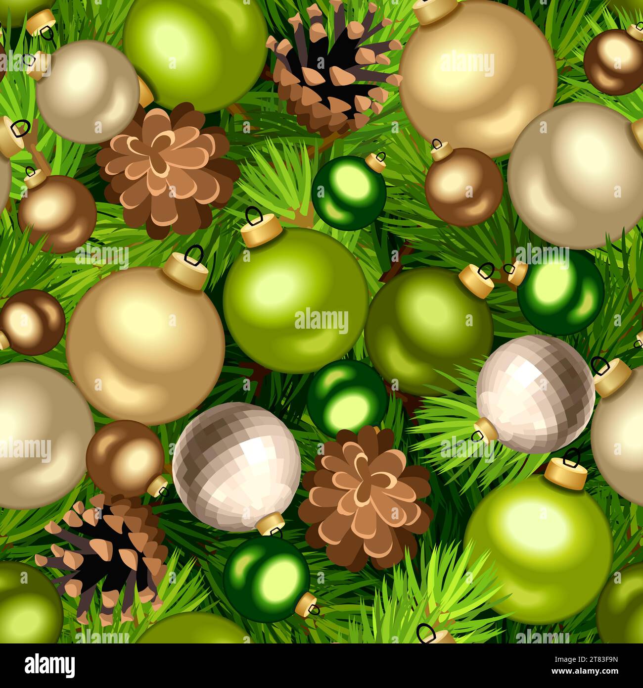 Fond sans couture de Noël avec des branches de sapin vert, des boules de Noël vertes, dorées et argentées et des pommes de pin. Texture de Noël vectorielle Illustration de Vecteur