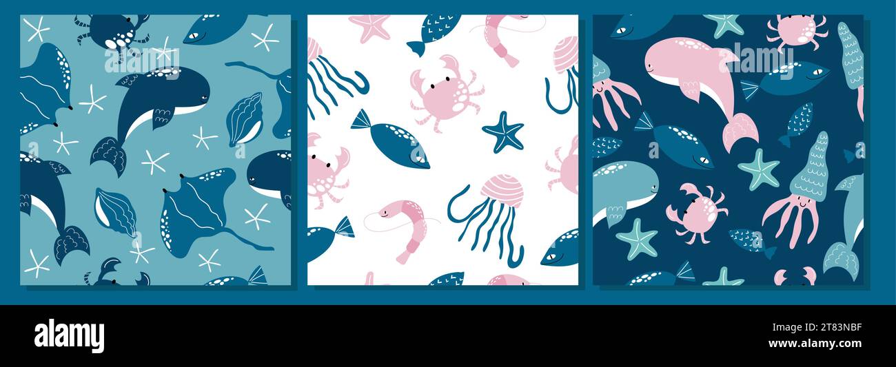 Ensemble de motifs sans couture avec des animaux sous-marins dessinés à la main. Illustration de Vecteur