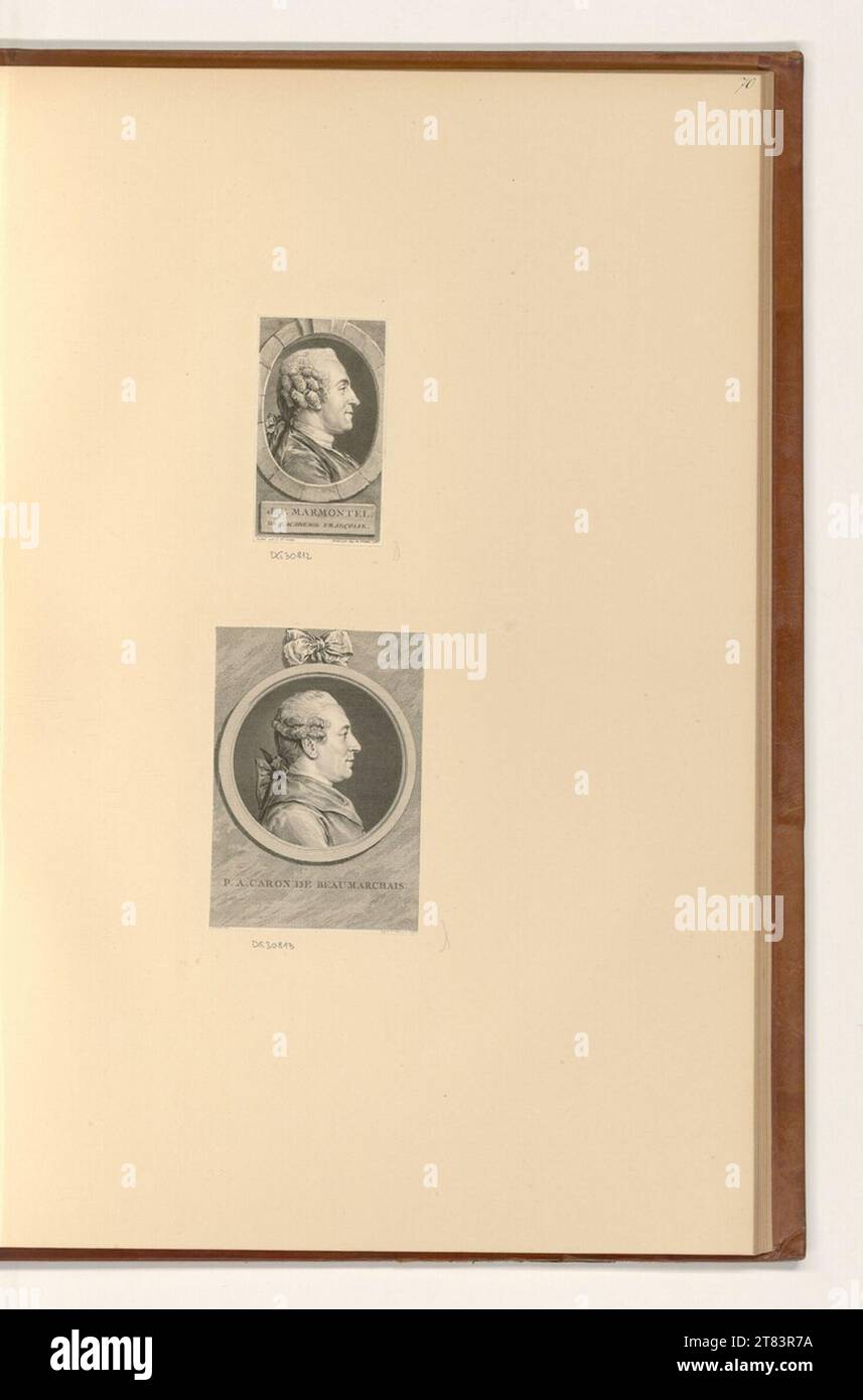 Auguste de Saint Aubin (graveur) Porträt Jean-François Marmontel ; Pierre Augustin Caron de Beaumarchais. gravure 1755-1807, 1755/1807 Banque D'Images