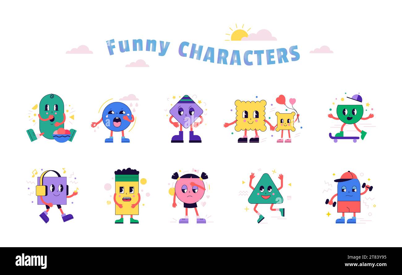 Expressions mascotte. Motif enfant mignon. Émotions des enfants. Sport et plaisir. Personnages géométriques rétro. Visage souriant. Garçon sur skateboard. Fille écoute m Illustration de Vecteur