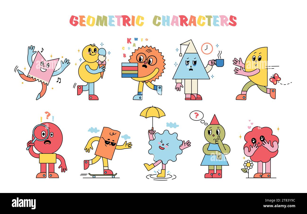 Formes de dessins animés. Expressions mignonnes de mascotte. Personnages géométriques avec des visages souriants heureux. Émotions malheureuses et joyeuses. Garçon étudiant. Fille sautant avec u Illustration de Vecteur