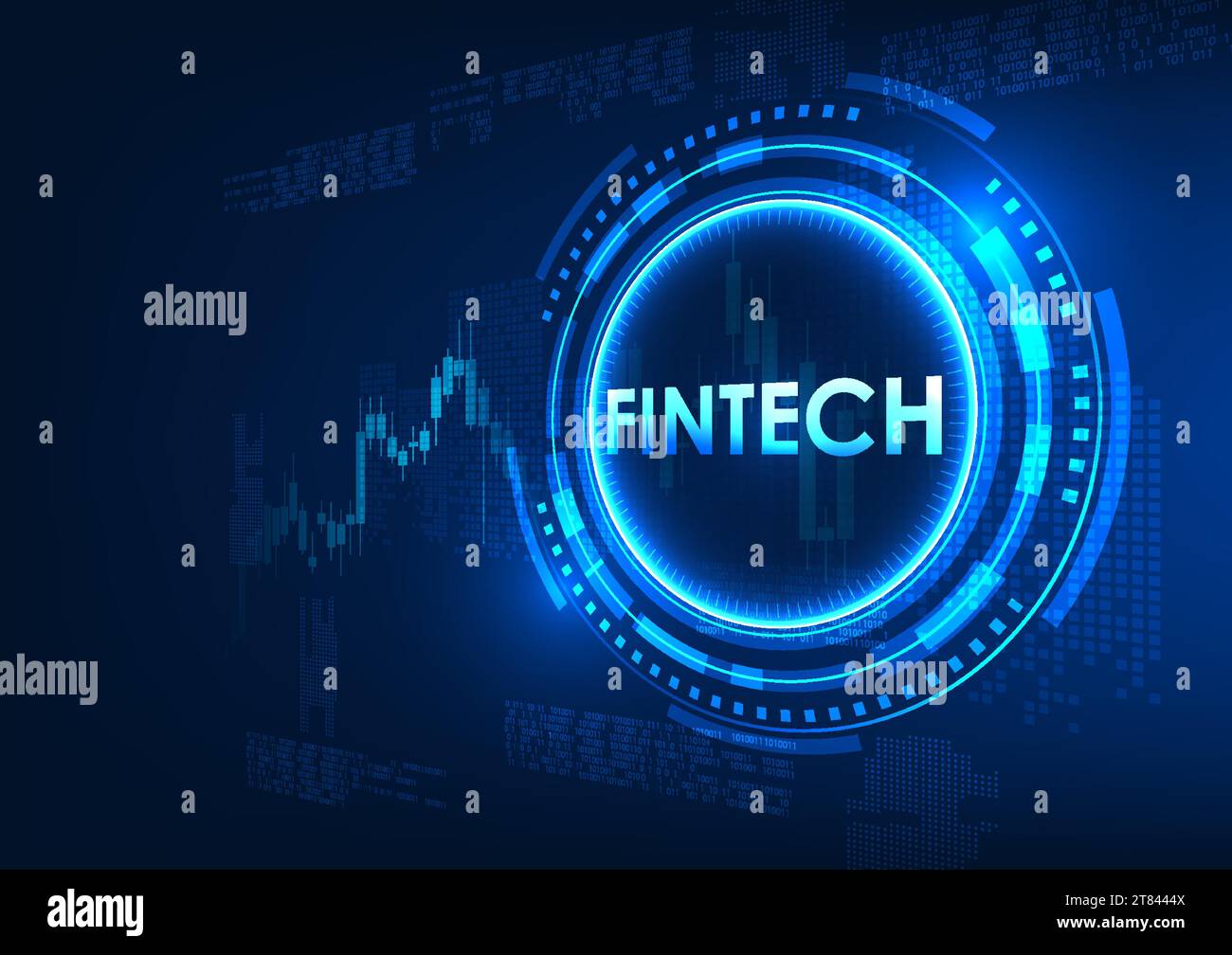 Technologie Fintech Fintech est à l'intérieur du cercle technologique, et derrière se trouve un graphique boursier. Montre les institutions financières qui ont utilisé la technologie pour mak Illustration de Vecteur