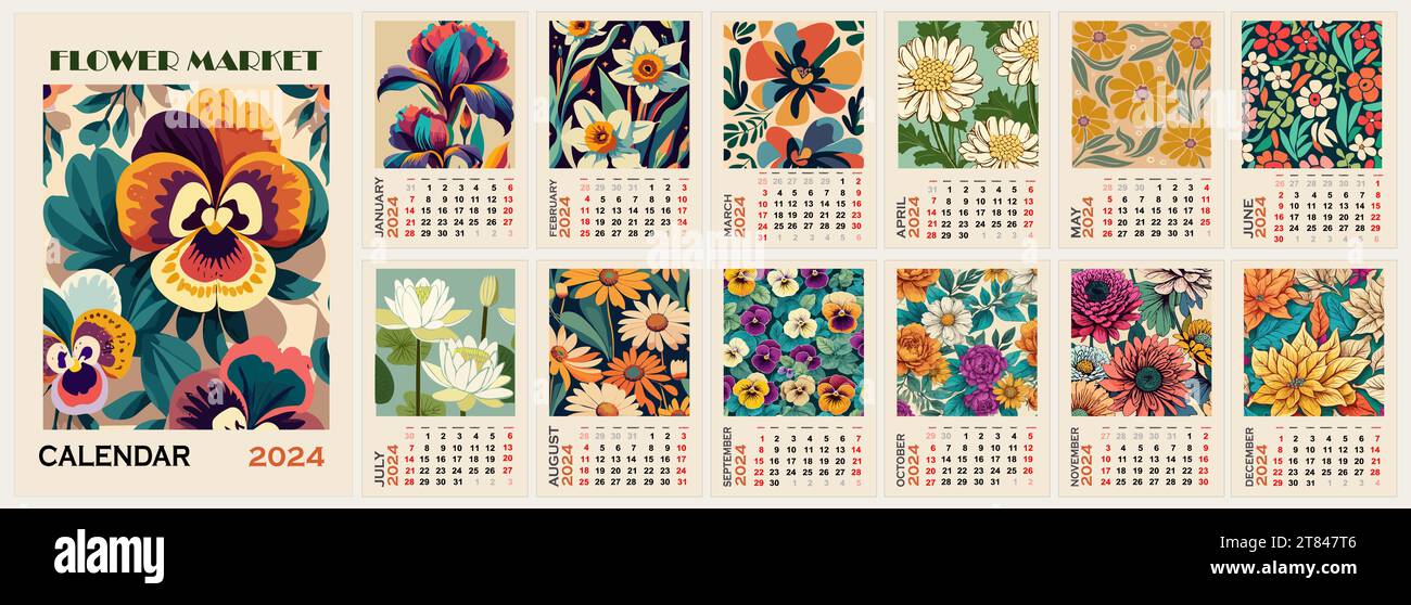 Modèle de calendrier mural floral pour vecteur 2024. Illustration de Vecteur