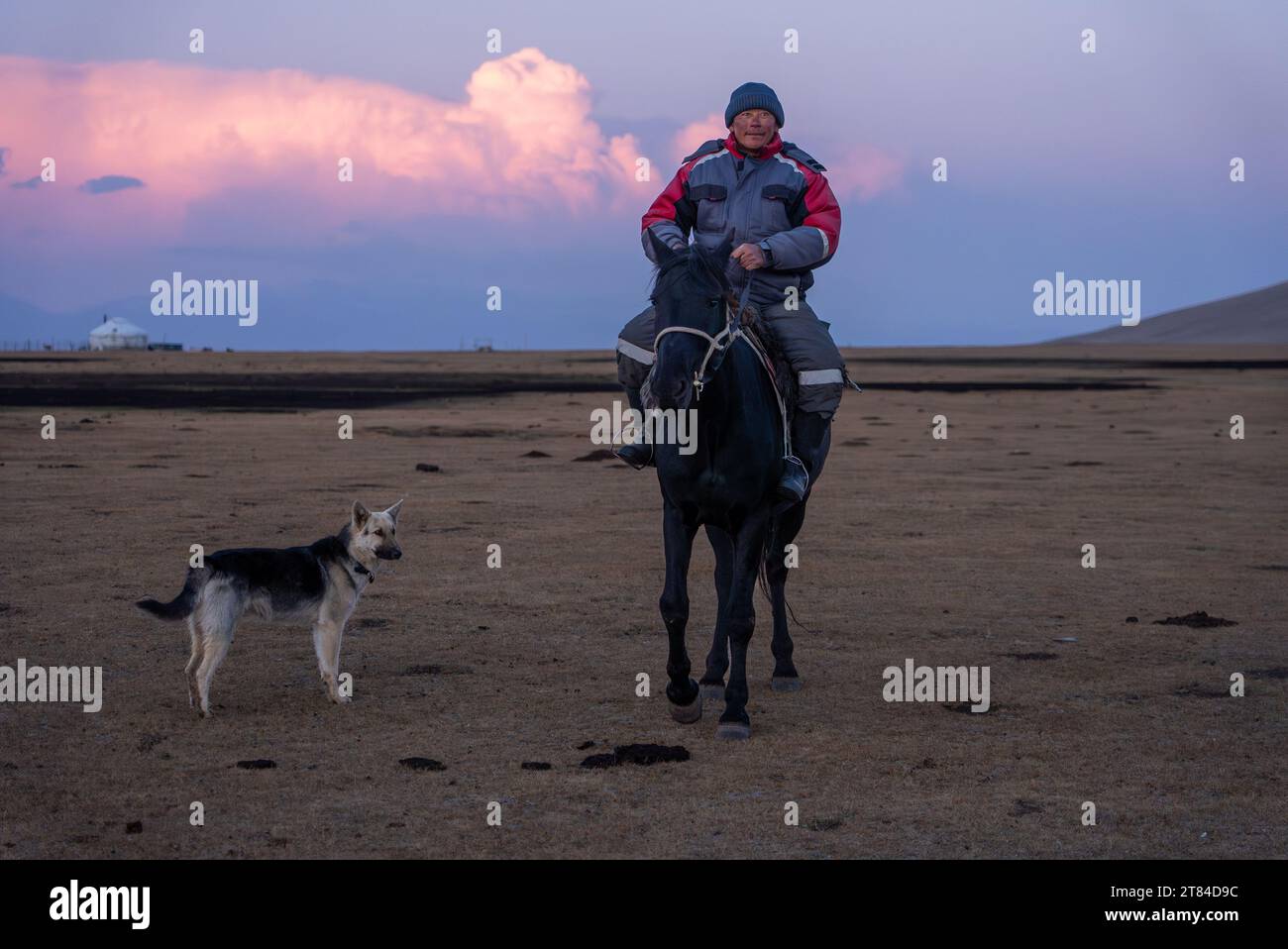 Camp de yourtes sur le lac Song Kul au Kirghizistan Homme local à cheval Banque D'Images Camp de yourtes sur le lac Song Kul au Kirghizistan Homme local à cheval Banque D'Images