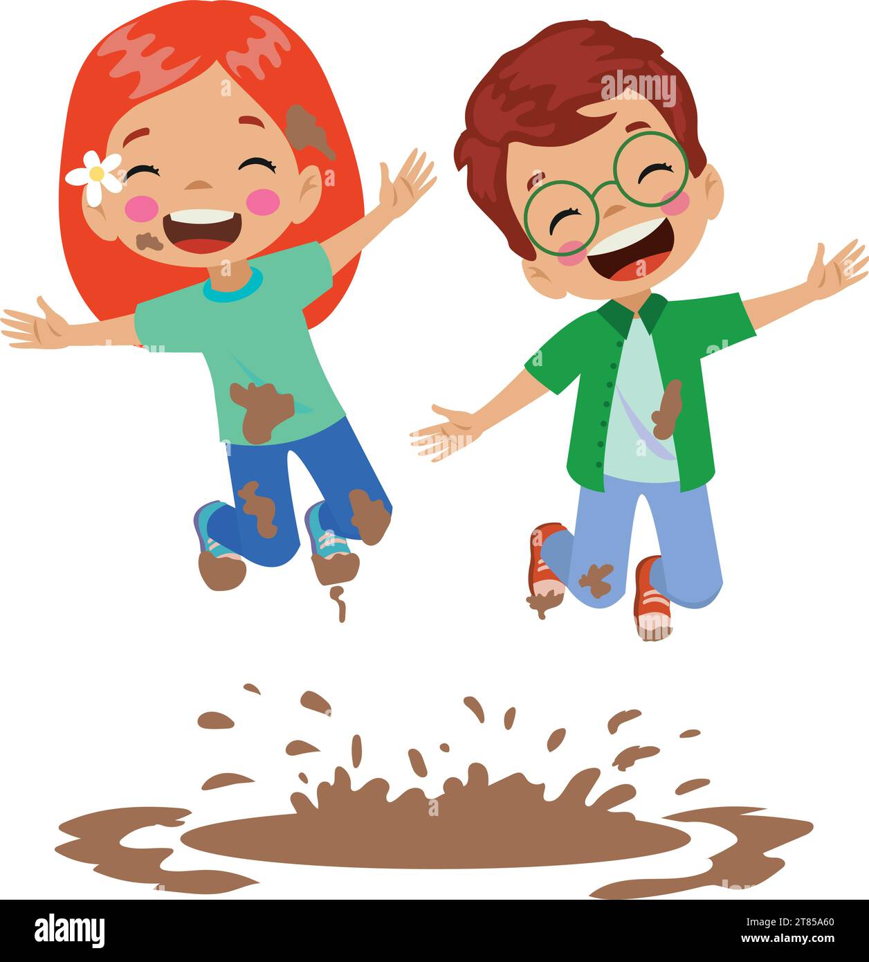 mignons enfants heureux sautant dans la boue Illustration de Vecteur