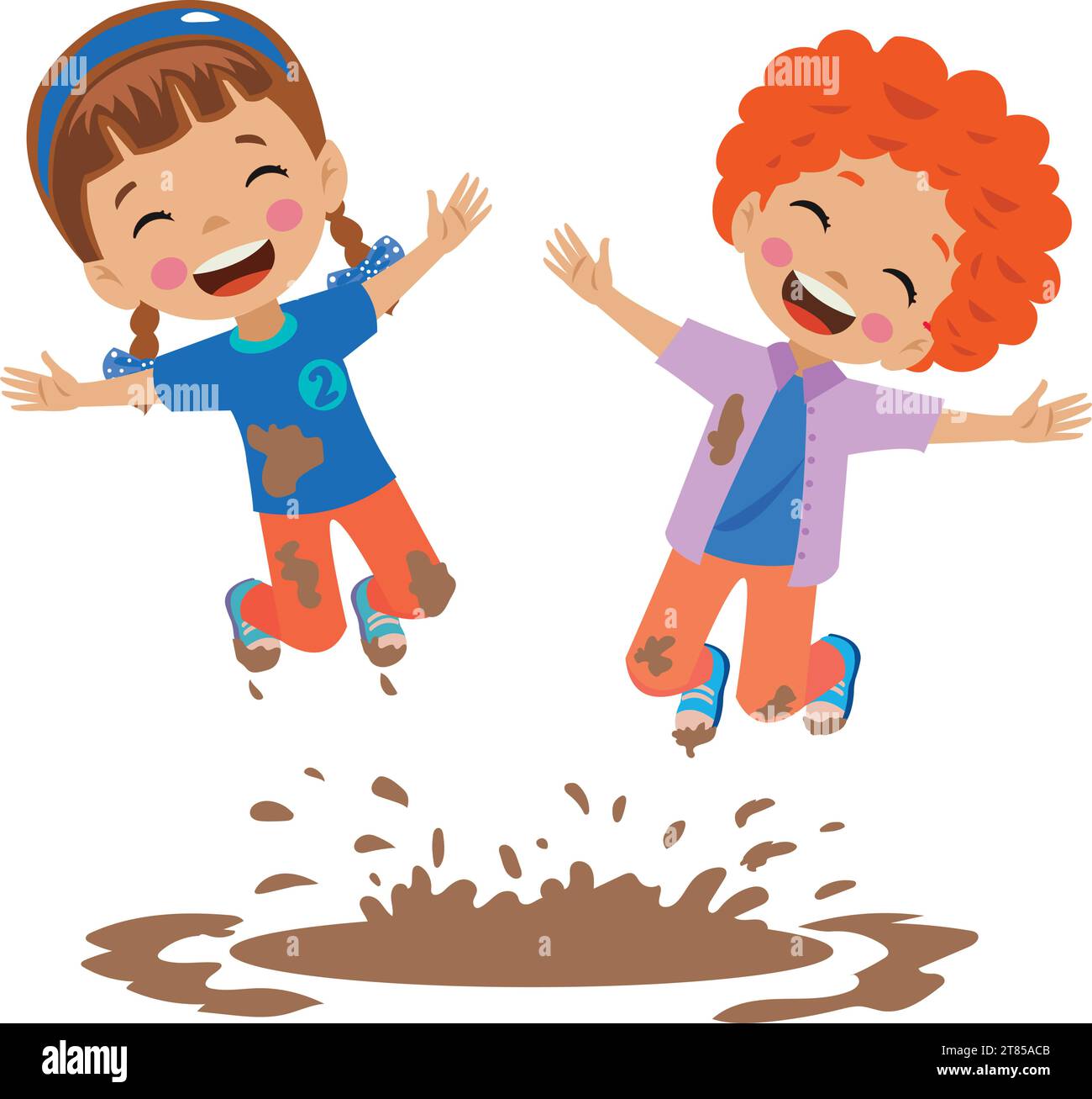 mignons enfants heureux sautant dans la boue Illustration de Vecteur