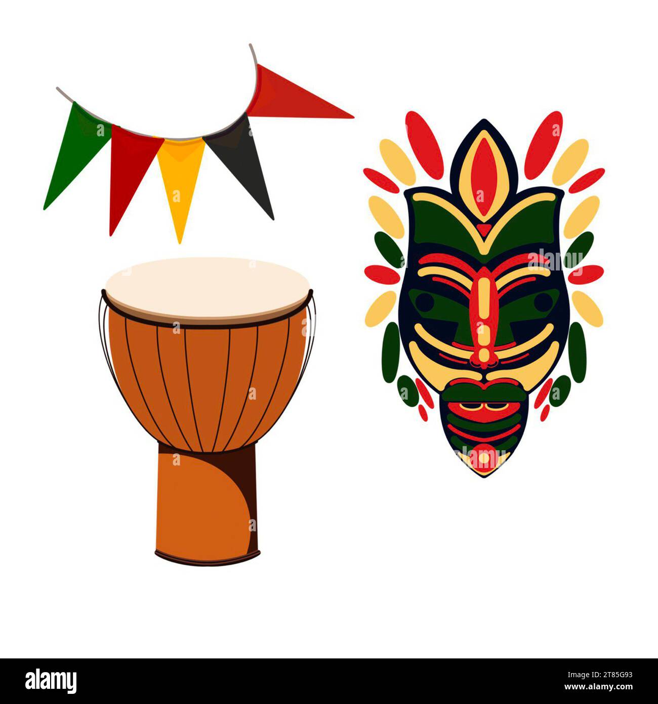 masque en bois, tambour africain et drapeaux sur illustration kwanzaa sur fond blanc dessiné à la main Banque D'Images