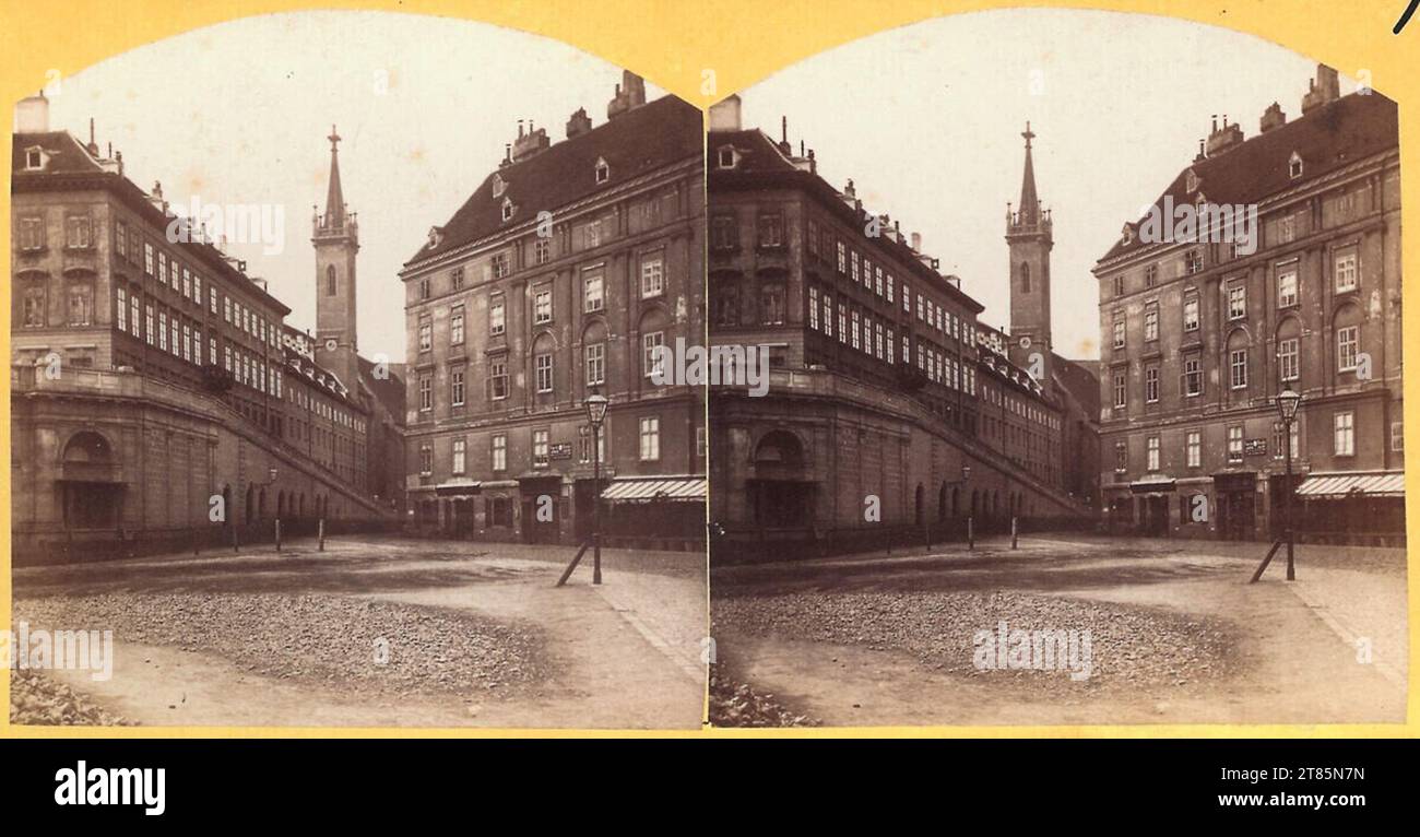 Oskar Kramer vue de l'Augustinerstrasse à Vienne avec l'Albertina avant la construction de l'Albrechtsbrunnen (1864 ss.) Et avant la démolition du Bürgerspital (1875 ss.). Papier albumine, sur la boîte / format stéréo avant 1864 Banque D'Images