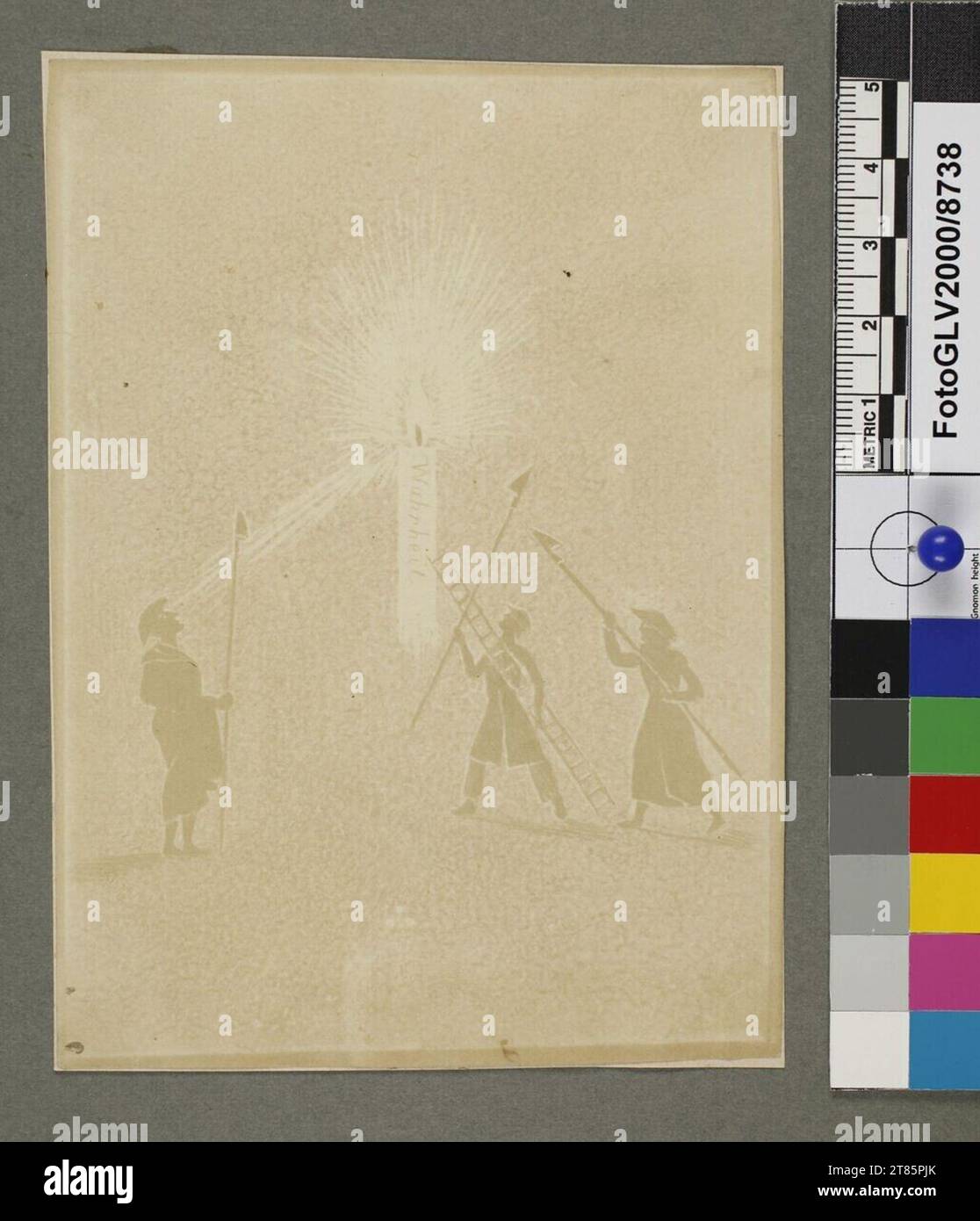 Johann Carl Enslen trois hommes lanternes avec des poteaux extincteurs, aveuglés par un créneau géant sur lequel se trouve la «vérité». Dessin photogénique sur papier salin, sur la boîte 1839, 1839 Banque D'Images