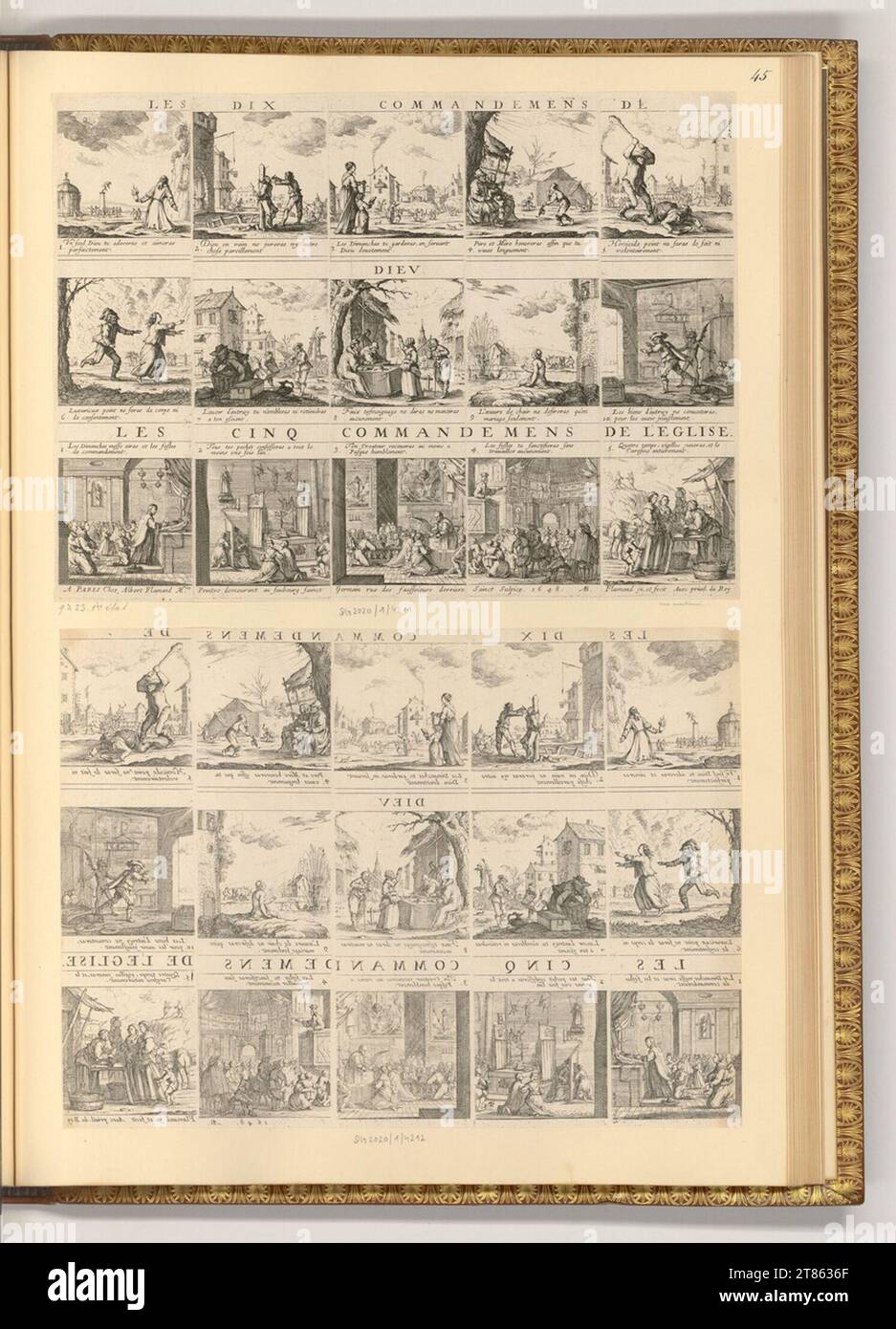 Albert Flamen (graveur) les dix commandements dans le christianisme ; les cinq commandements de l'Église catholique (illustration du livre). gravure 1648, 1648 Banque D'Images