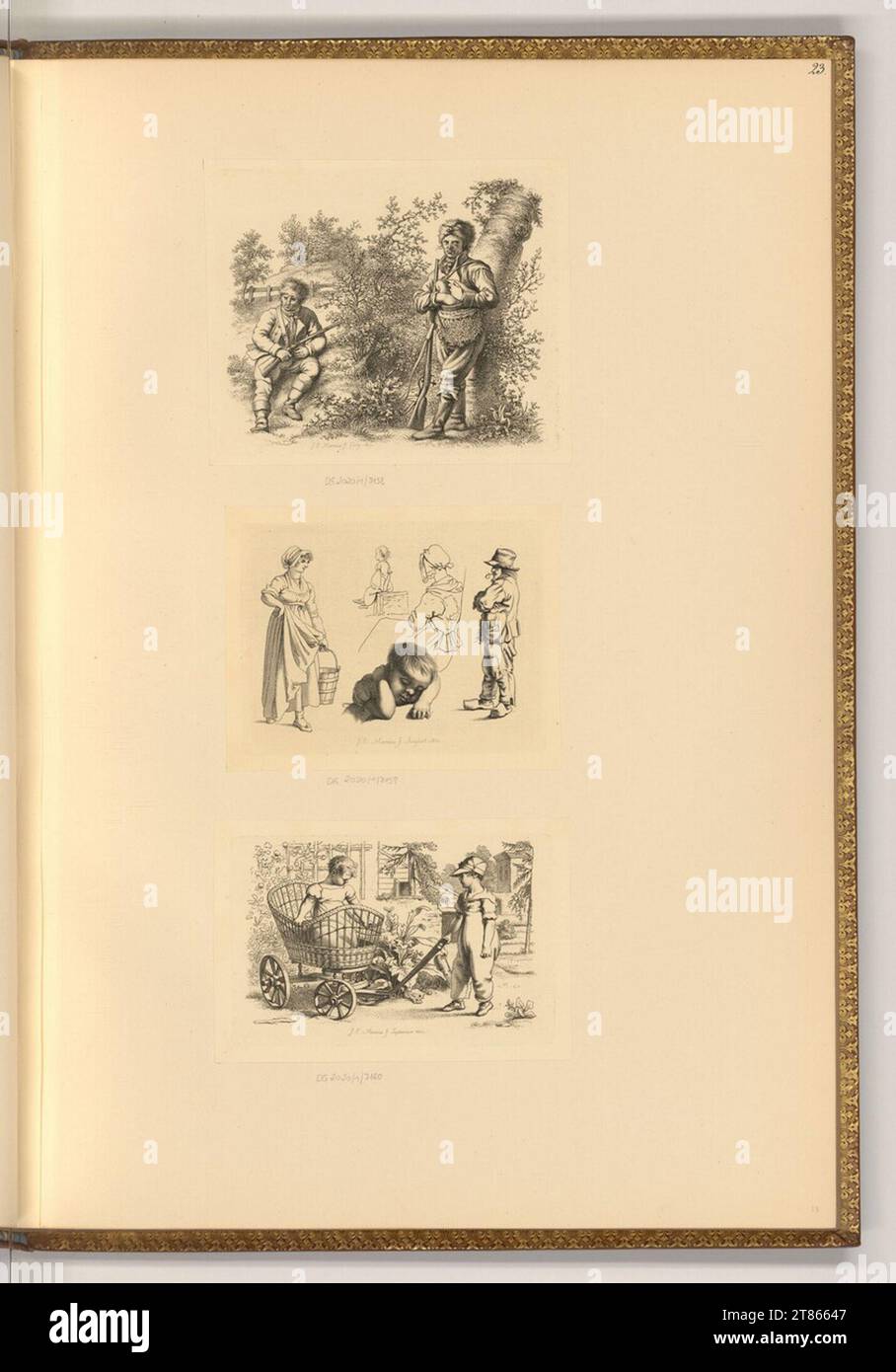 Jacob Ernst Marcus (graveur) études de figures : chasseurs dans la forêt, enfant endormi, enfants avec une voiture. gravure 1811, 1811 Banque D'Images