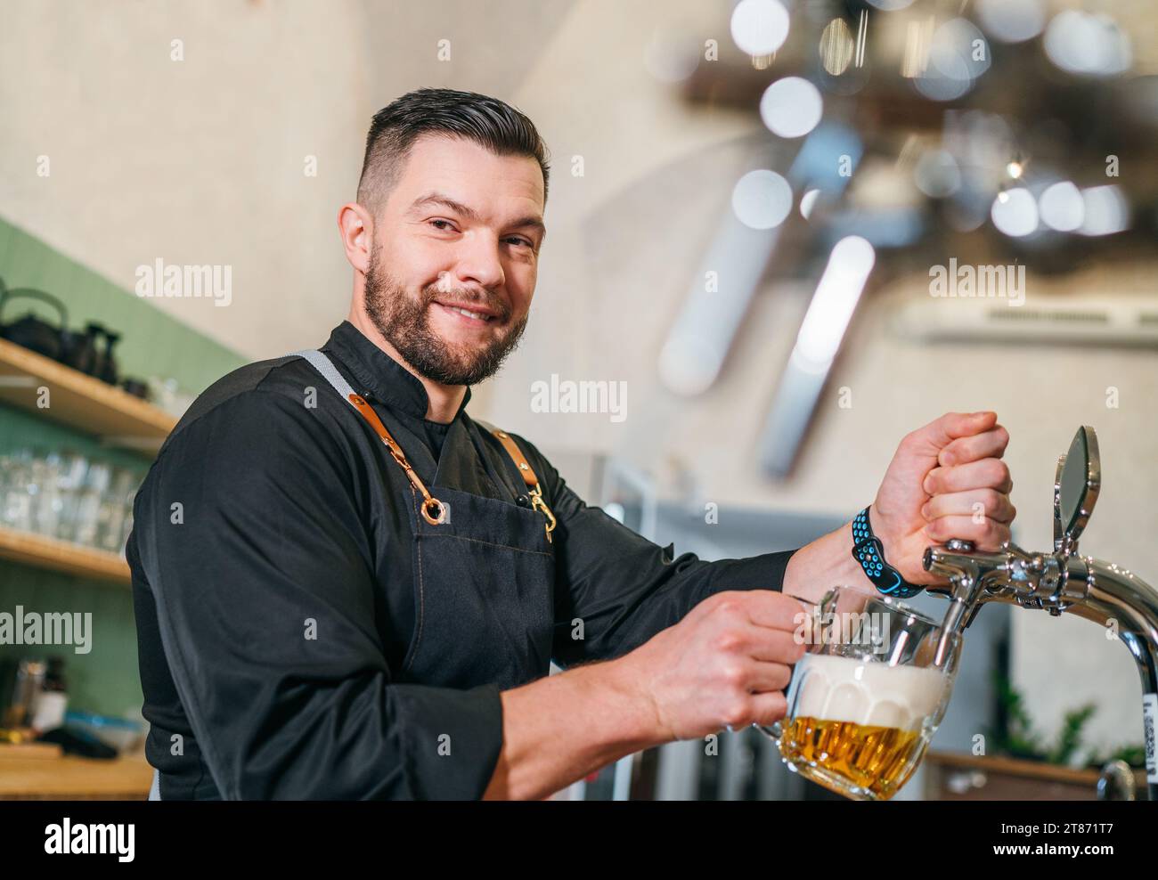 Barman barbu souriant élégant habillé uniforme avec tablier regardant la caméra tout en tapant la tasse en verre de bière fraîche lager au comptoir de bar.Successful People, Banque D'Images