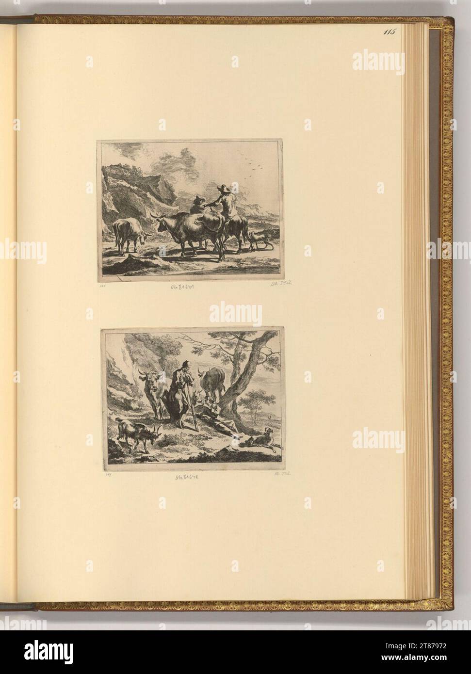 Jan de Visscher (graveur) Ochsenhirt sur un âne ; Vieux berger et garçon menteur. gravure 1653 -1712, 1653/1712 Banque D'Images