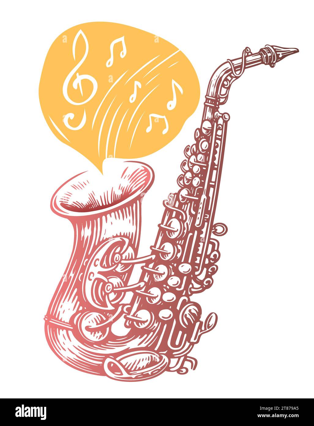 Saxophone avec notes de musique sur affiche. Musique classique, concert de jazz Illustration de Vecteur
