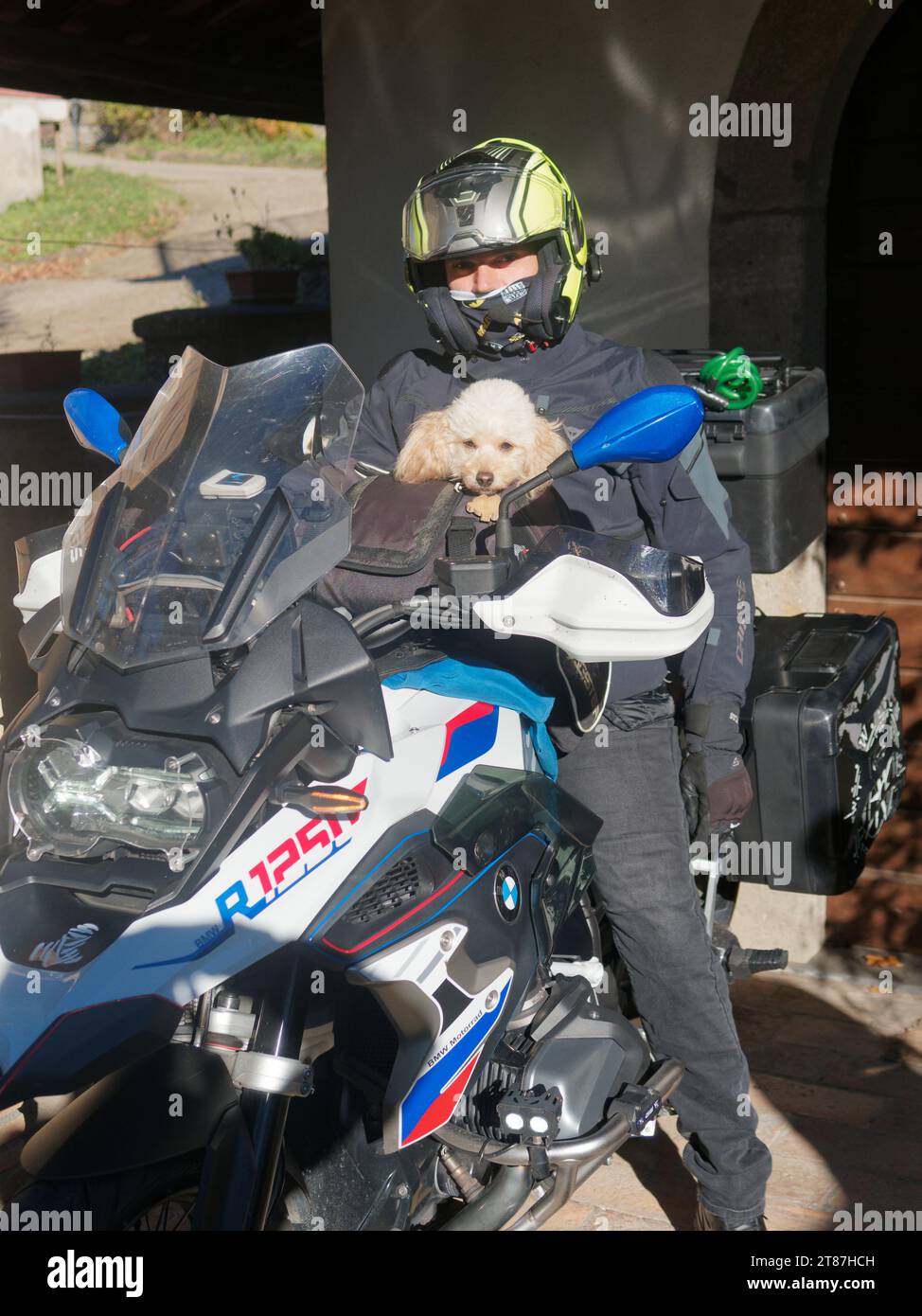 Biker transporte un chien avec lui sur sa moto. Montefiascone, région du Latium, Italie Banque D'Images