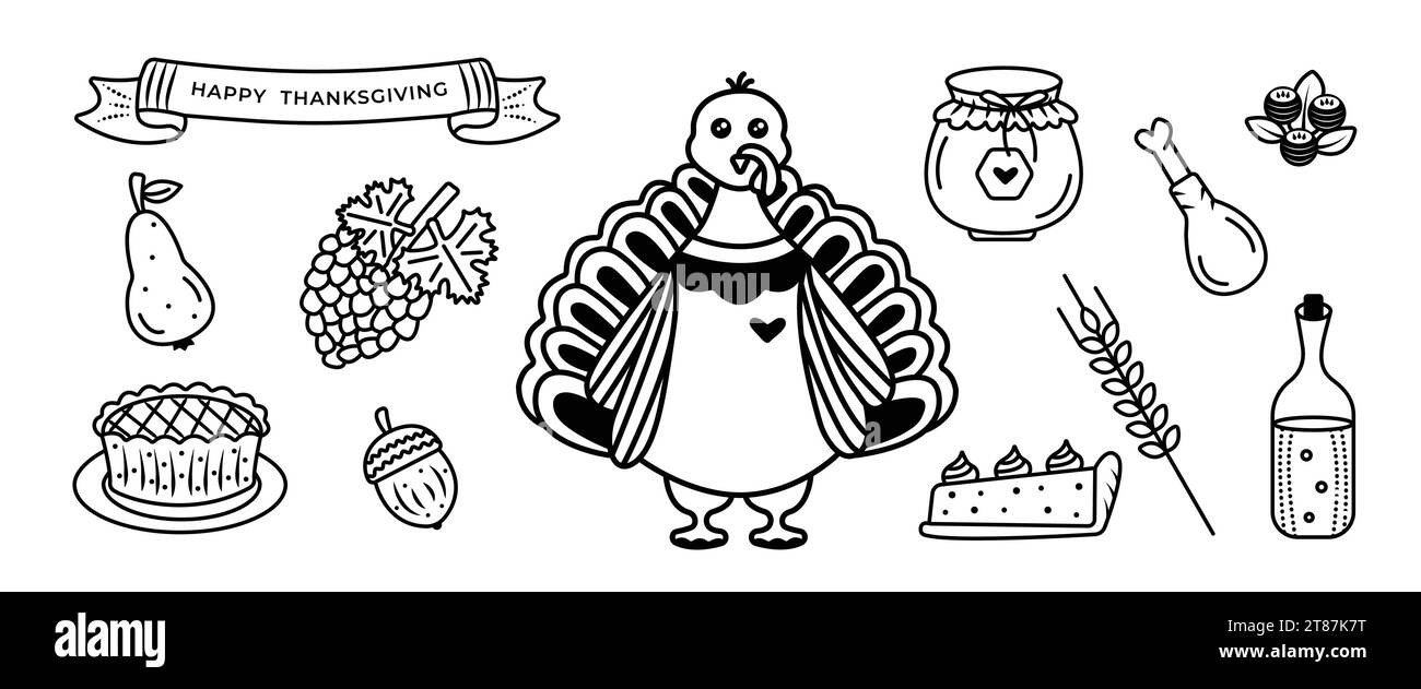 Ensemble de doodle de Thanksgiving monochrome, pictogrammes vectoriels noirs et blancs mignons Illustration de Vecteur