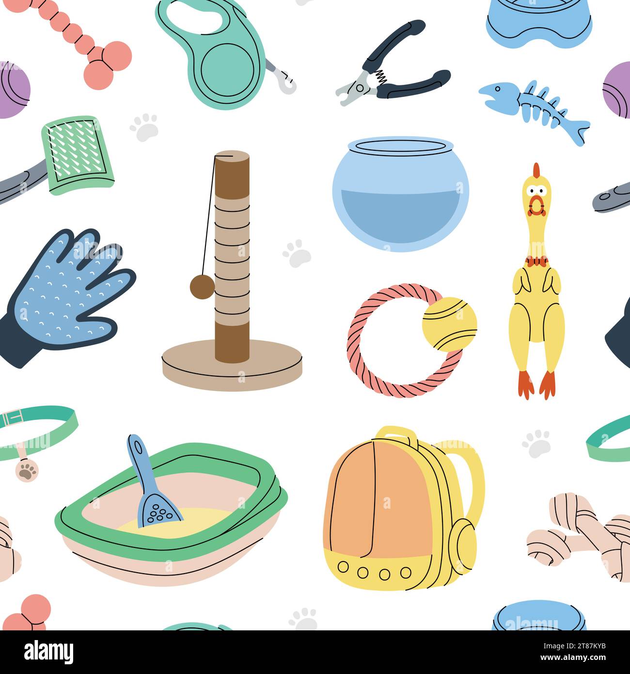 Modèle de fournitures PET. Accessoires pour animaux, bannière de fournitures de jouets. Oreiller de couchage, jouet à mâcher, médaille, ciseaux, coupe-ongles, brosse, décapant de fourrure, aquarium Illustration de Vecteur
