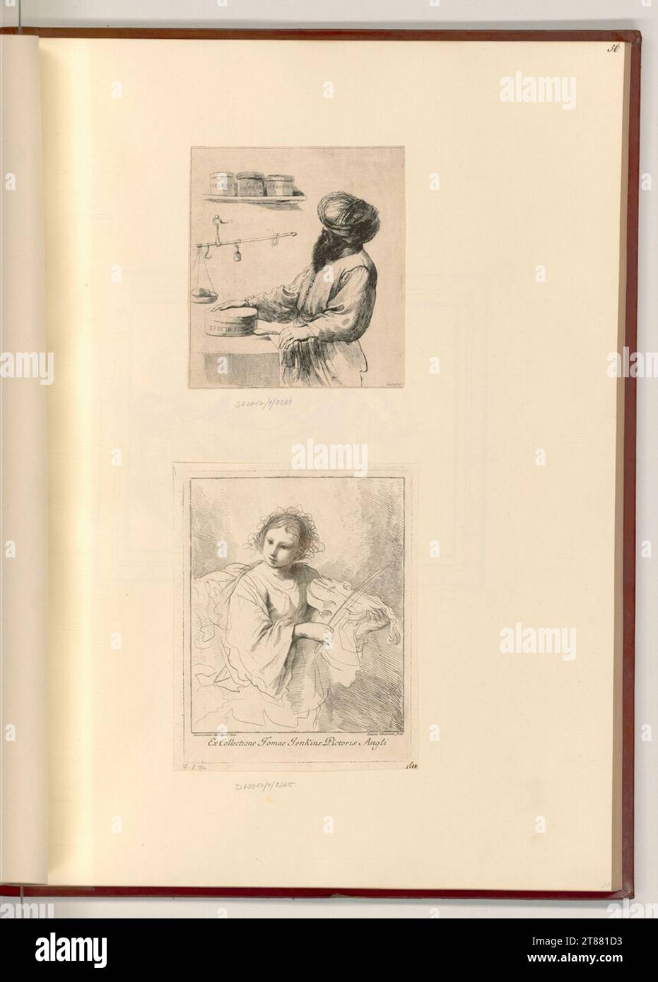 Giovanni Ottaviani (graveur) marchand d'épices ; fille avec violon. Mitte de gravure 17.-18. Century Banque D'Images