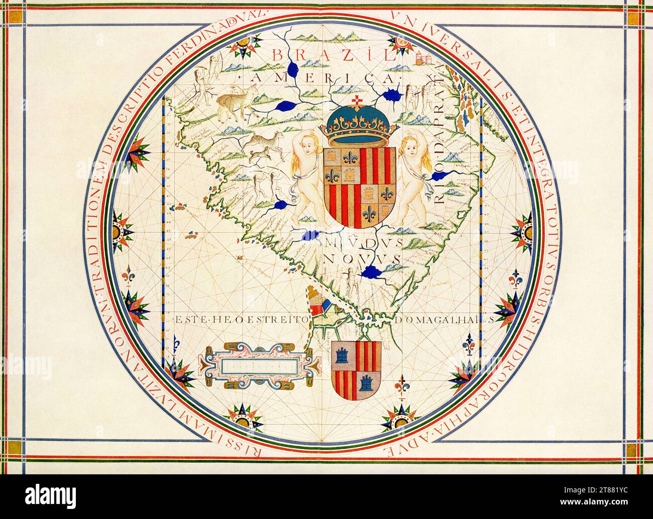 Carte de la pointe sud de l'Amérique. D'après une carte de Lisbonne qui date de 1571 qui a été faite par le géographe portugais Fernao Vaz Dourado. Cette carte est attribuée au cartographe, navigateur et enlumineur portugais Fernão Vaz Dourado (vers 1520-80), sur la base de similitudes entre les autres cartes de Vaz et les illustrations de ce manuscrit. Vaz a produit sept atlas marins brillamment illuminés entre 1568 et 1580. Cette carte, tirée de son atlas datant d'environ 1576, montre la pointe sud de l'Amérique du Sud. L'atlas fait partie des collections de la Bibliothèque nationale du Portugal après 1910. Banque D'Images