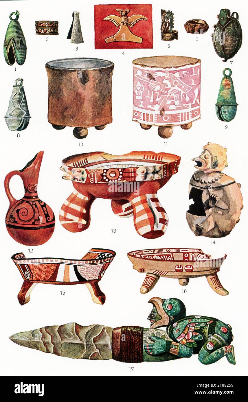 Ici sont illustratios d'anciens artefacts américains de l'époque des Aztèques. Ils sont, de gauche à droite et de haut en bas : 1-9 (sauf 4) : bijoux en cuivre ; 4. Aigle doré stylisé ; 10-11 : pots en cuivre qui semblent agir comme bases (un décoré de figures) ; 12 : pot en cuivre brun rougeâtre en forme de pichet avec décoration noire conçu pour être utilisé à la maison ; 13 : bol avec ton brun et richement décoré ; 14 : vase peint décoré avec figure assise ; 15-16: bol utilisé pour les rituels, ton brûlé brun avec décoration colorée ; 17 : arme aztèque en silex avec décoration ornementale -repres Banque D'Images