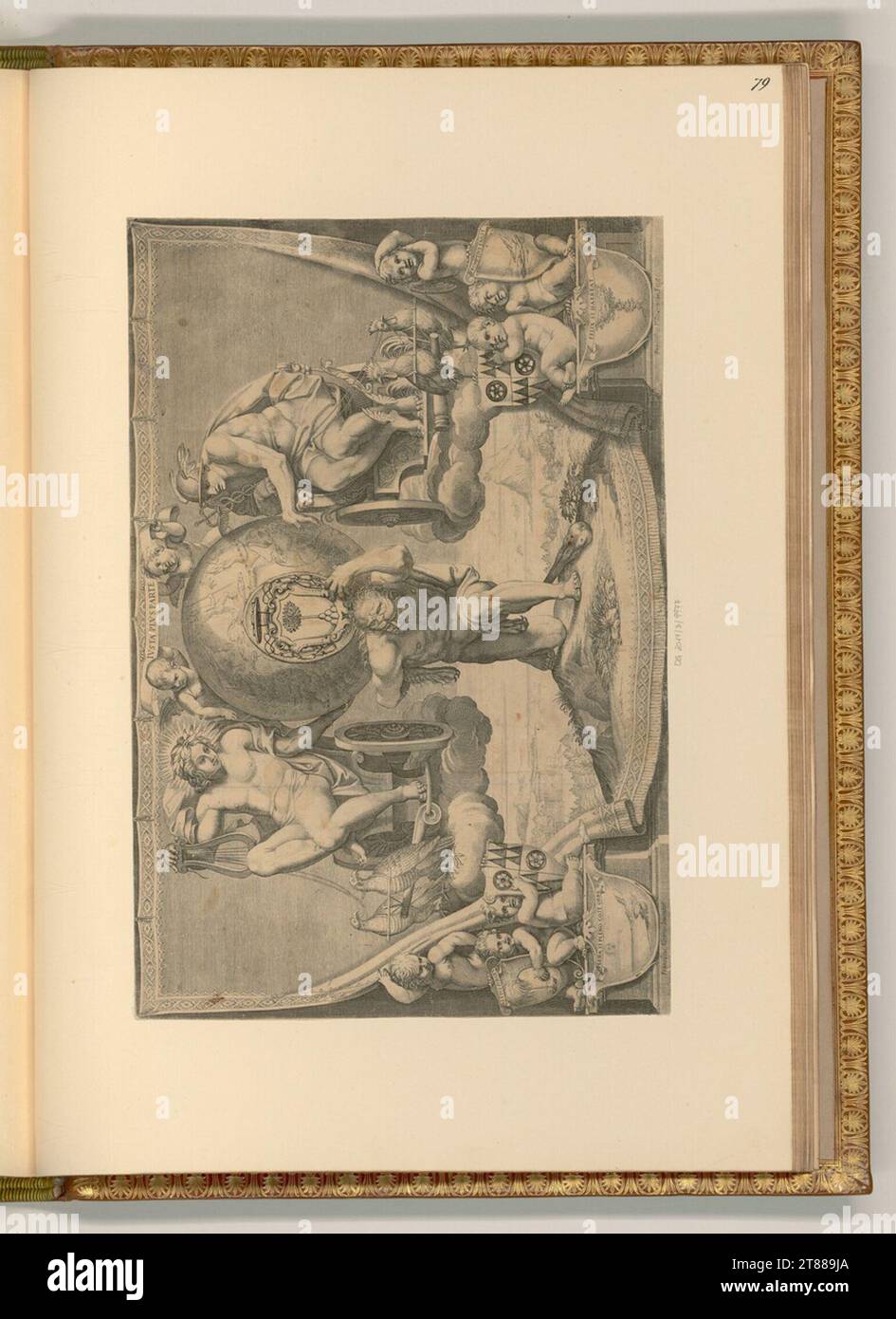 Francesco Villamena (graveur) représentation allégorique, armoiries du Cardinal Pompeio Arrigoni et Hercule, portant le globe sur les épaules. Gravure sur cuivre 1585-1624, 1585/1624 Banque D'Images