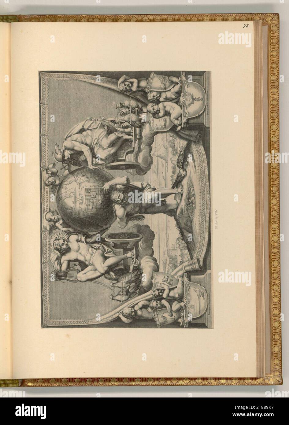 Francesco Villamena (graveur) représentation allégorique, armoiries du Cardinal Pompeio Arrigoni et Hercule, portant le globe sur les épaules. Gravure sur cuivre 1585-1624, 1585/1624 Banque D'Images