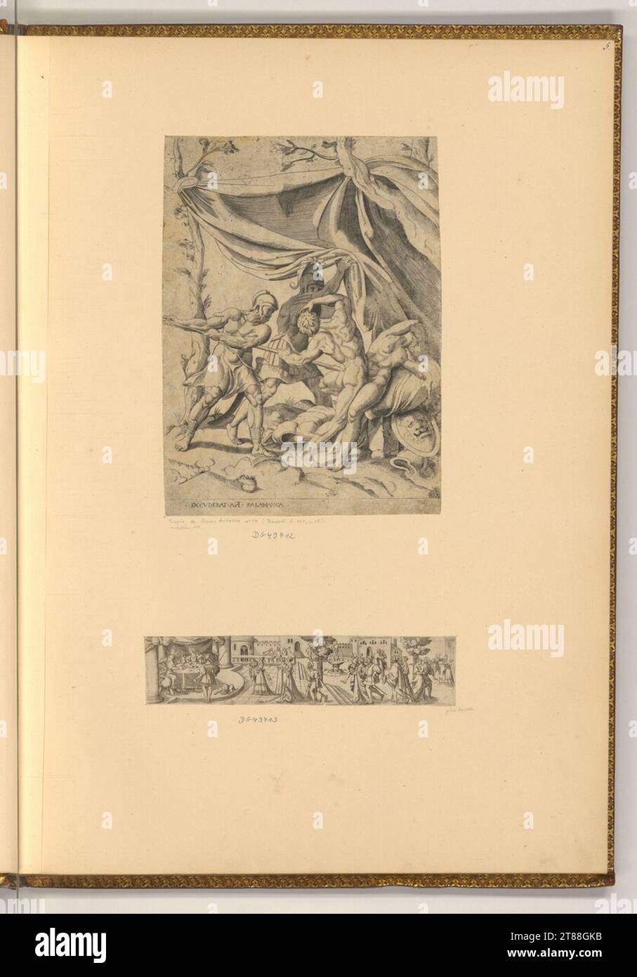 Cornelis Bos (an der Entstehung Beteiligte r) Phinees tue Zambri et Cozbi avec une lance ; la fête d'Hérodias et la décapitation de Jean-Baptiste. Gravure sur cuivre 1530-1562, 1530/1562 Banque D'Images